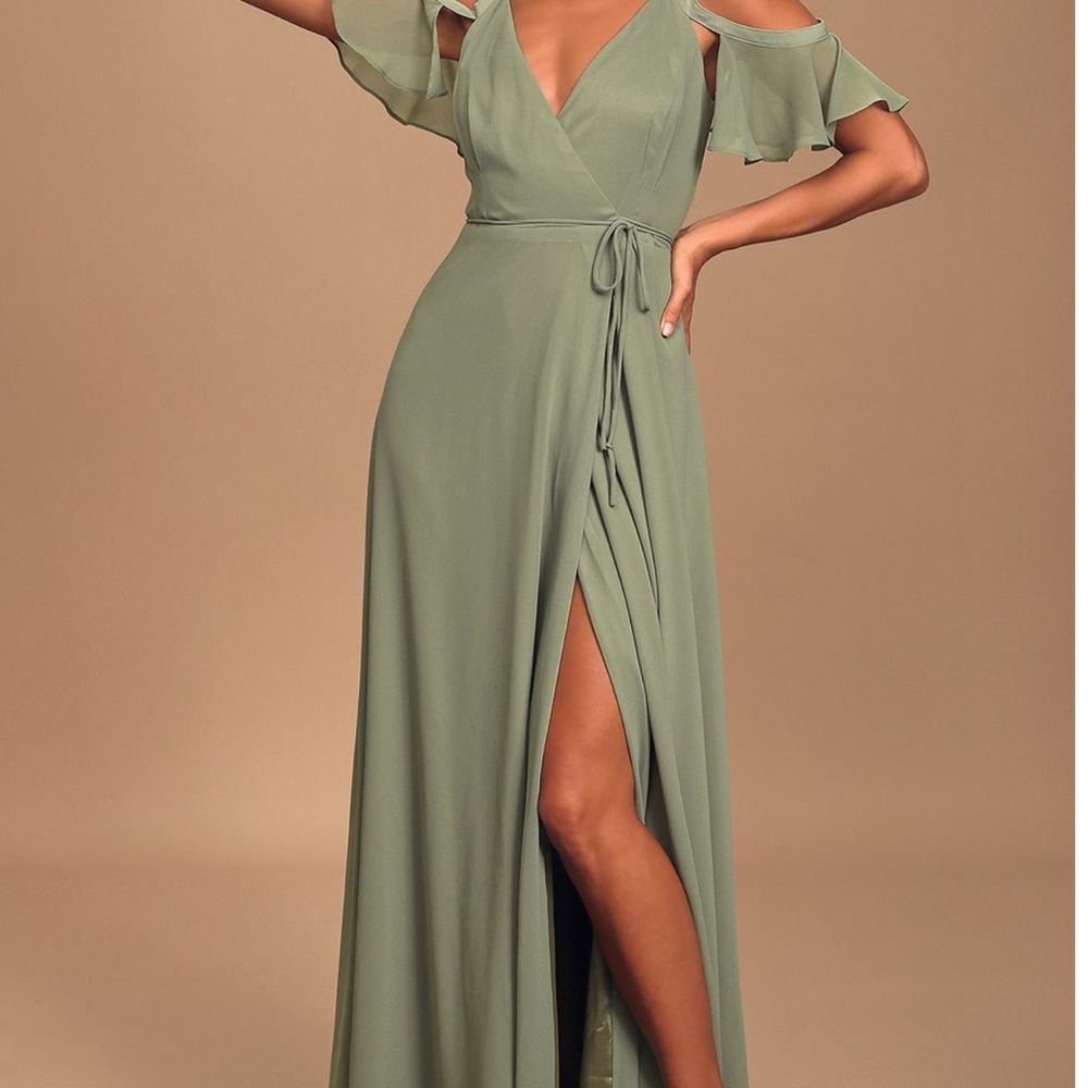 Lulu’s Easy Listening Forest Green Cold-Shoulder Wrap Maxi Dress.  Medium.